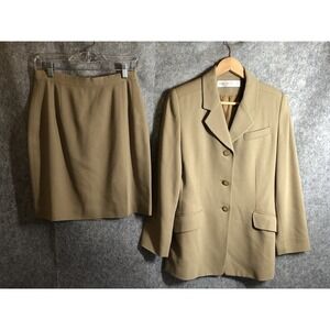 Valerie Stevens Suit Women Tan 100% Wool Blazer 8P Skirt 6P Career Classic